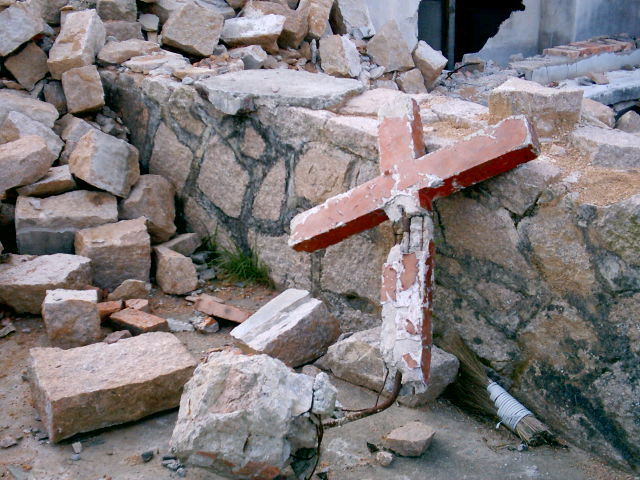 The bulldozered House (church) of sha Ao-4 with a damagedcross copy The bulldozered House (church) of sha Ao-4 with a damagedcross copy